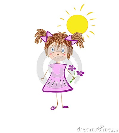 Hand drawn illustration of a little girl smelling Vector Illustration