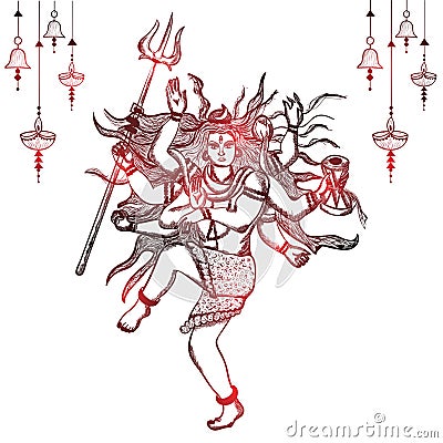 Hand drawn illustration of lord shiva in hindu mythology with red shine . Sketch of Lord shiva in Natraj dance for shivratri or Cartoon Illustration