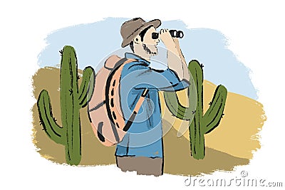 Hand drawn illustration of man with binoculars rucksack backpack. Desert landscape cactus watching exploring landscape Cartoon Illustration