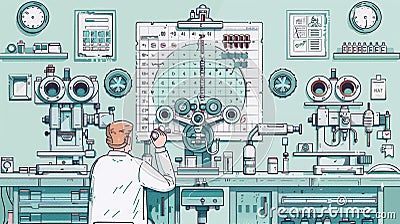 This is a hand-drawn illustration of a man optometrist, glasses, drops, and machines for eyesight medical exam with an Cartoon Illustration