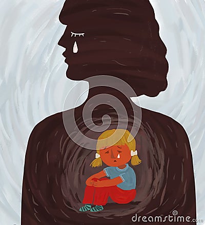 Hand-drawn illustration, a metaphor for the psychological problems of the inner child. Silhouette of a woman with a little girl Cartoon Illustration