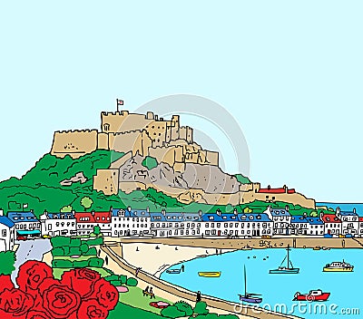 Mont Orgueil Castle & Gory Harbour Vector Illustration