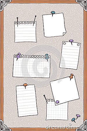 Hand drawn illustration of pin board with pins and empty note papers Vector Illustration