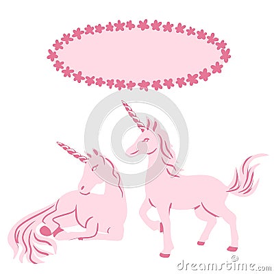 Hand drawn illustration of pink unicorn. Oval frame. Pastel mythological horse creature n cartoon girly style for kids Cartoon Illustration
