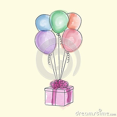 Drawing of a present with balloons and a bow Vector Illustration