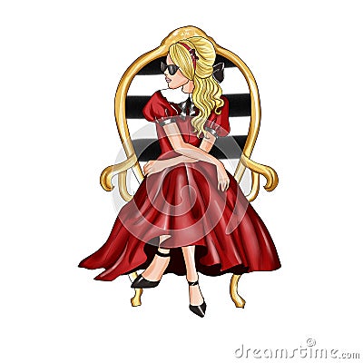 Hand drawn Illustration - pretty Blonde Girl Sitting on chair wearing red dress Stock Photo