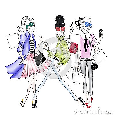 Hand drawn Illustration - Pretty fashion girls doing shopping Stock Photo