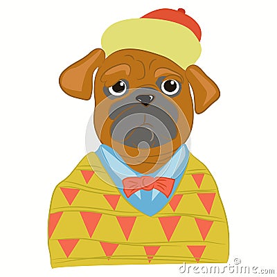 Hand drawn illustration of pug dog man dressed up in in cool clothes. Puppy hipster. Magazine fashion look. Vector Vector Illustration