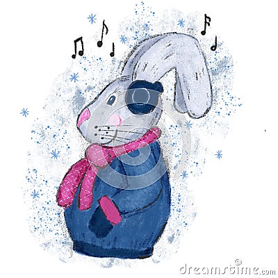 hand drawn illustration of rabbit hare bunny. Winter new year christmas cartoon of character listening to music tunes Cartoon Illustration