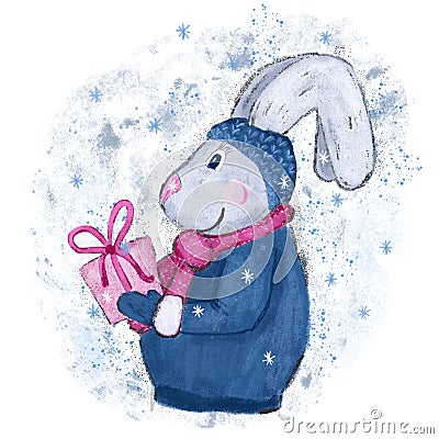 Hand drawn illustration of rabbit hare bunny. Winter new year christmas cartoon of pink present gift box. Funny Cartoon Illustration