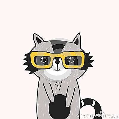Colorful background with happy raccoon in glasses. Decorative cute backdrop with animal Vector Illustration