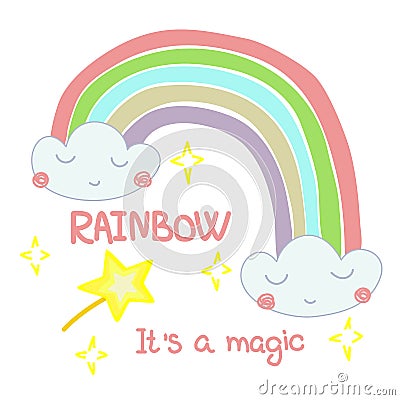 Hand drawn illustration of a rainbow out of the clouds Cartoon Illustration