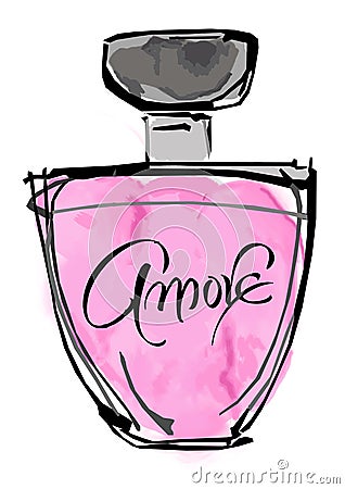 Hand drawn illustration of red glass bottle fragrance perfume for women . Cartoon Illustration