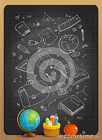 Hand drawn illustration of school tools on a chalkboard Vector Illustration