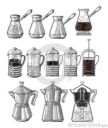 Hand drawn illustration set of coffee preparation. Pour over brewer coffee kettle french press moka pot and cezve. Vector Illustration