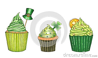 Hand drawn illustration a set of green muffins Cartoon Illustration