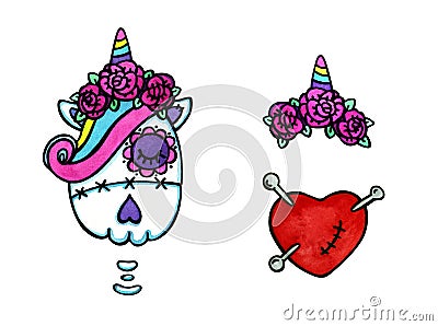 Set of unicorn, red heart pierced with pins and wreath of roses witÑ€ horn. Clipart elements for The Day Cartoon Illustration