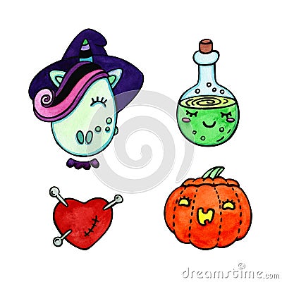 Hand drawn illustration set of witch unicorn, red heart pierced with pins, bottle with potion and jack o lantern pumpkin. Clipart Cartoon Illustration