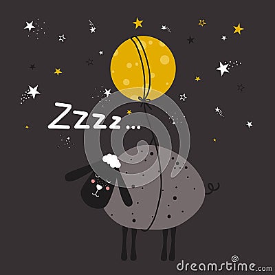 Background with sheep, moon, stars and text. Good night, poster design. Vector Illustration