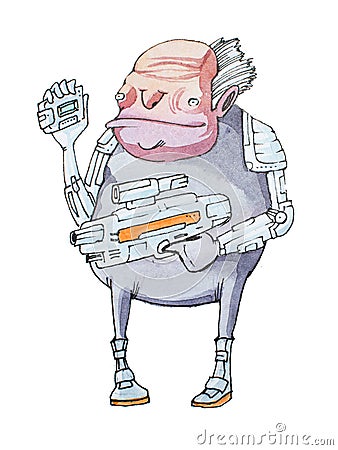 Hand-drawn illustration of short decrepit-looking old man in futuristic costume holding a weapon and electronic gadget Cartoon Illustration