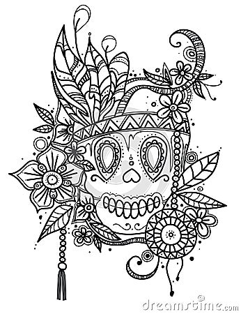 Hand drawn illustration skull in flowers and feathers for coloring book. Ethnic style. Vector Illustration