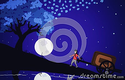  Moonlight Background.A Man Pull Goods. Stock Photo