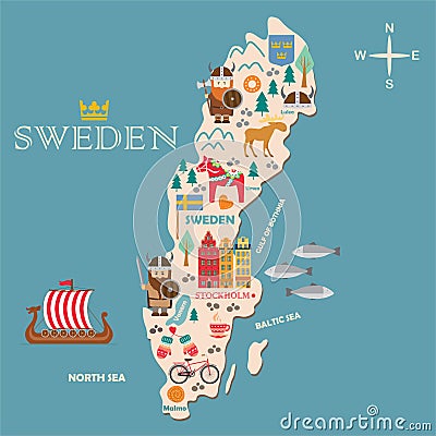 Sweden symbols map with tourist attractions Vector Illustration