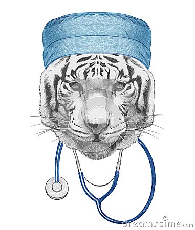 Portrait of Tiger with doctor cap and stethoscope. Hand-drawn illustration. Cartoon Illustration