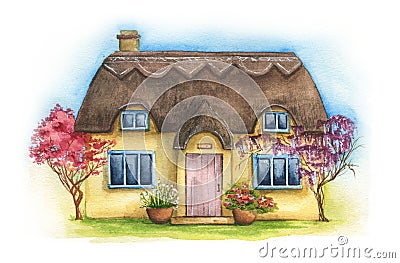 Hand drawn illustration of traditional English village house isolated on white background Cartoon Illustration