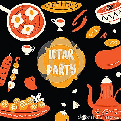 Hand drawn illustration of traditional middle eastern food for iftar party. Flyer template, black background. Vector Illustration