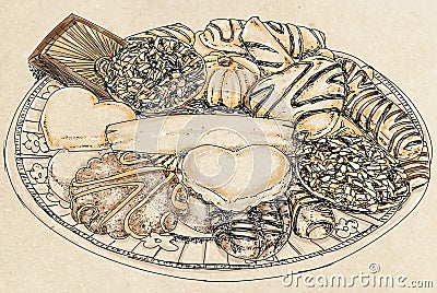 Hand drawn illustration of a tray with pastries, cakes and croissants Cartoon Illustration