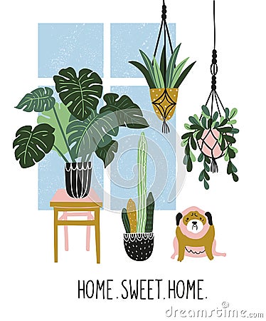 Hand drawn illustration with tropical house plants, window and cute dog. Vector poster design with text - `home sweet home`. Vector Illustration