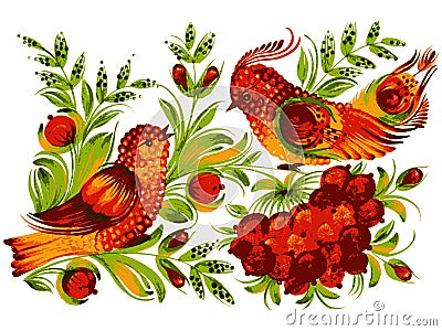 Bird, viburnum and flower Vector Illustration