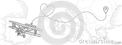 Vintage airplane with dotted route in heart shape Vector Illustration
