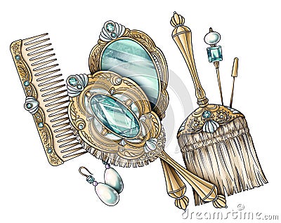 Hand drawn illustration of vintage jeweled golden hairbrush, antique mirror, comb decorated with aquamarine stones Cartoon Illustration