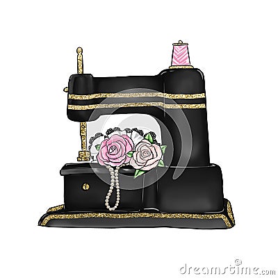 Hand Drawn Illustration of Vintage Sewing Machine - Illustration Stock Photo