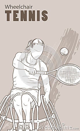 Hand drawn illustration. Wheelchair Tennis athlete. Vector sketch sport. Graphic silhouette of disabled girl with a Vector Illustration