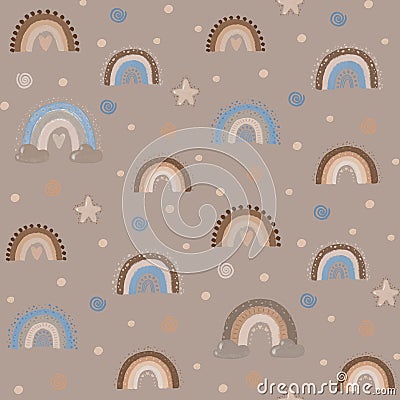 Rainbow seamless pattern, Boho style rainbows, Baby gentle pattern, nude kids decor print Cartoon Illustration