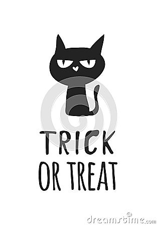 Hand drawn illustration Witch Black Cat and Quote. Creative ink art work. Actual drawing. Artistic isolated Halloween Chara Cartoon Illustration