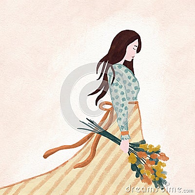 Hand drawn illustration of woman holding flower bouquet in neutral beige green colors. Sad calm looking down female with Cartoon Illustration