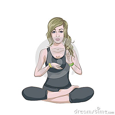 Hand drawn illustration of woman sitting in lotus pose of yoga. Meditation concept. Character Cartoon Illustration