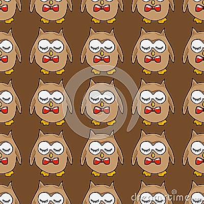 Hand-drawn illustrations. Cute owl with a red bow. Seamless pattern. Vector Illustration