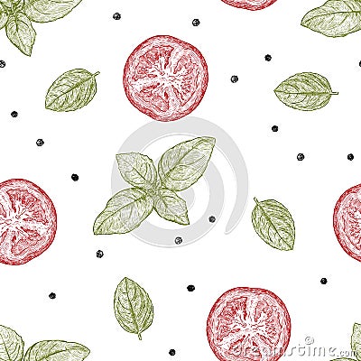 Italian cuisine. Ingredient, basil, tomato and pepper seamless p Vector Illustration