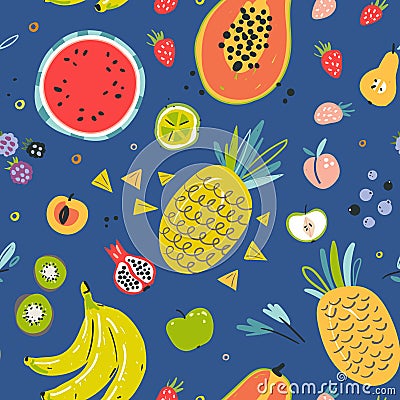 Hand drawn illustrations of fruit in bright colors and modern handrawn sketch style. Neon seamless pattern. Cartoon Illustration