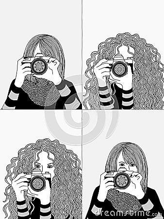 Two young women taking photos Vector Illustration