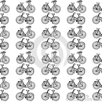 Hand-drawn illustrations. Vintage bicycles. Black and white postcard. Seamless pattern. Vector Illustration