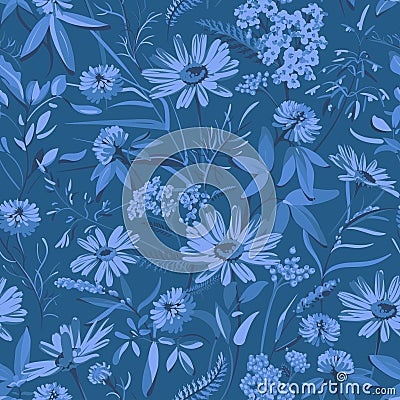 Seamless pattern with blue flowers - Chamomilla, Clover, Achillea Millefolium and grass isolated on light background. Vector Illustration