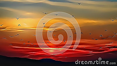 Birds fly to the sunset in the mountains - Art Collection Stock Photo