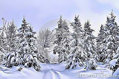 Snow-covered forest, thick layer of snow, winter landscape, clear weather - Art Collection Stock Photo