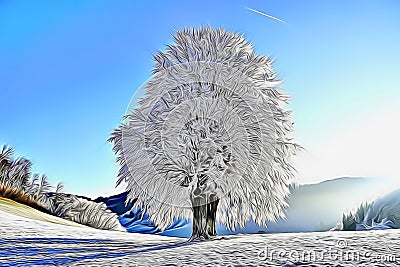 Snow-covered tree, thick layer of snow, winter landscape, clear weather - Art Collection Stock Photo